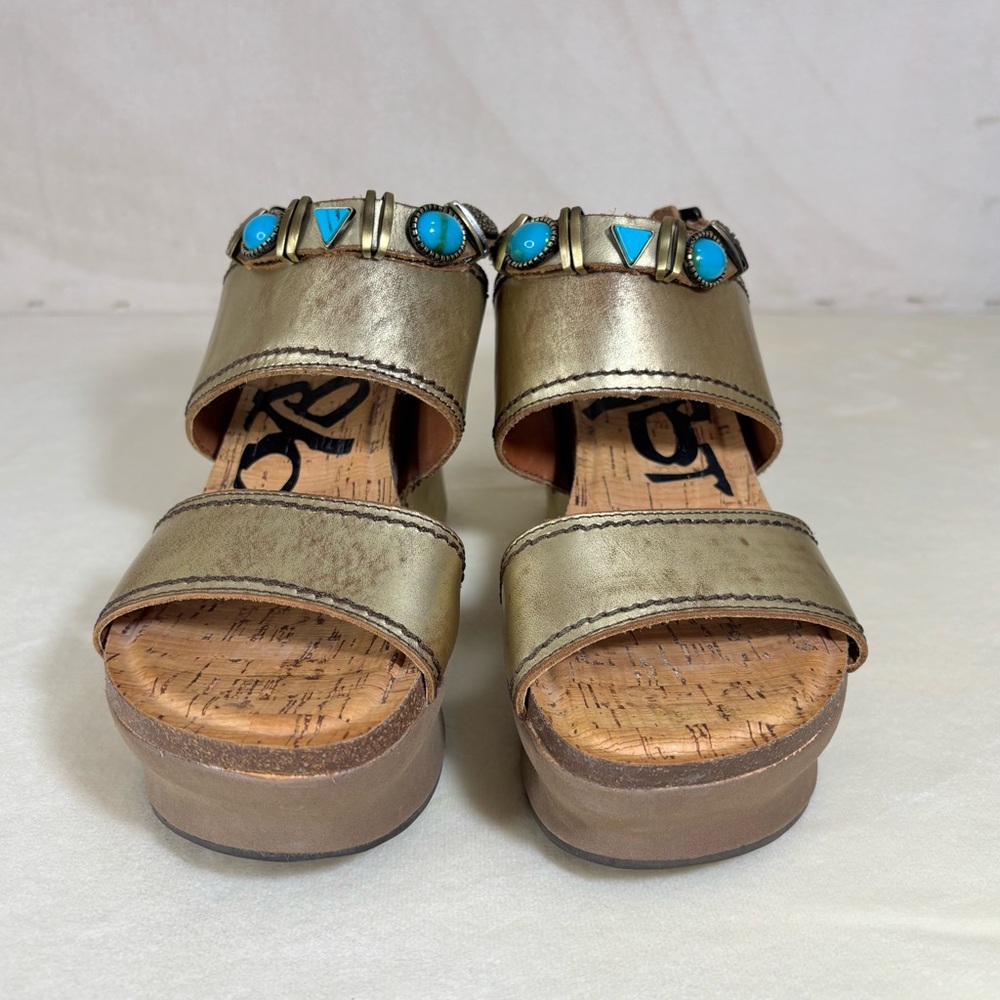 OTBT Women’s Layover Wedge Sandals Gold With Turquoise Accents Size 9